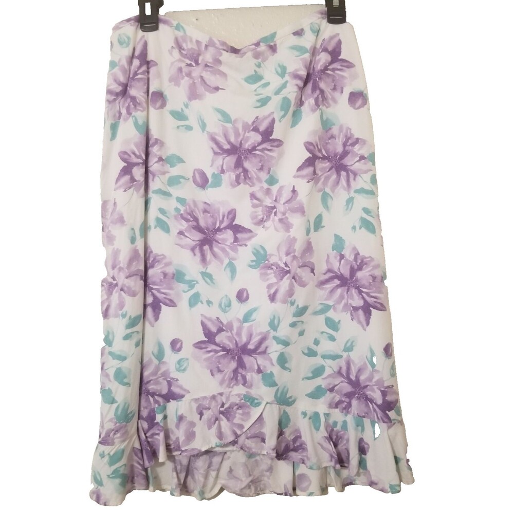 028) Emma James Floral Skirt‎ Womens Sz 10 White Lavendar Ruffle Bottom Spring